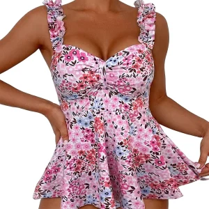 Blommig tankini-överdel med volanger för dam