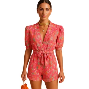 Dam Kort Jumpsuit med Blommönster, V-ringning och Knut i Midjan